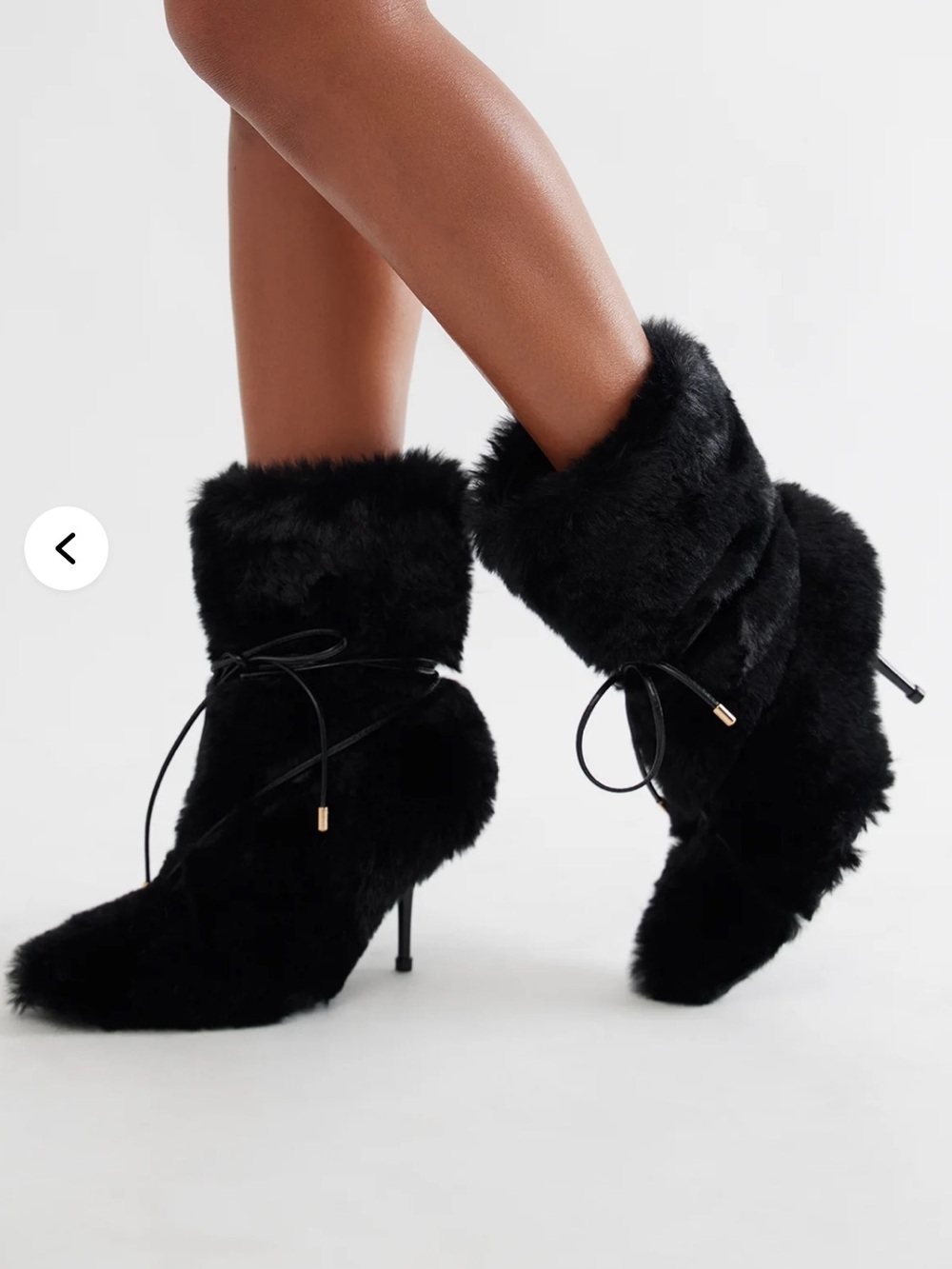 Black Faux-Fur Stiletto Ankle Boots with Tie Detail - Women's